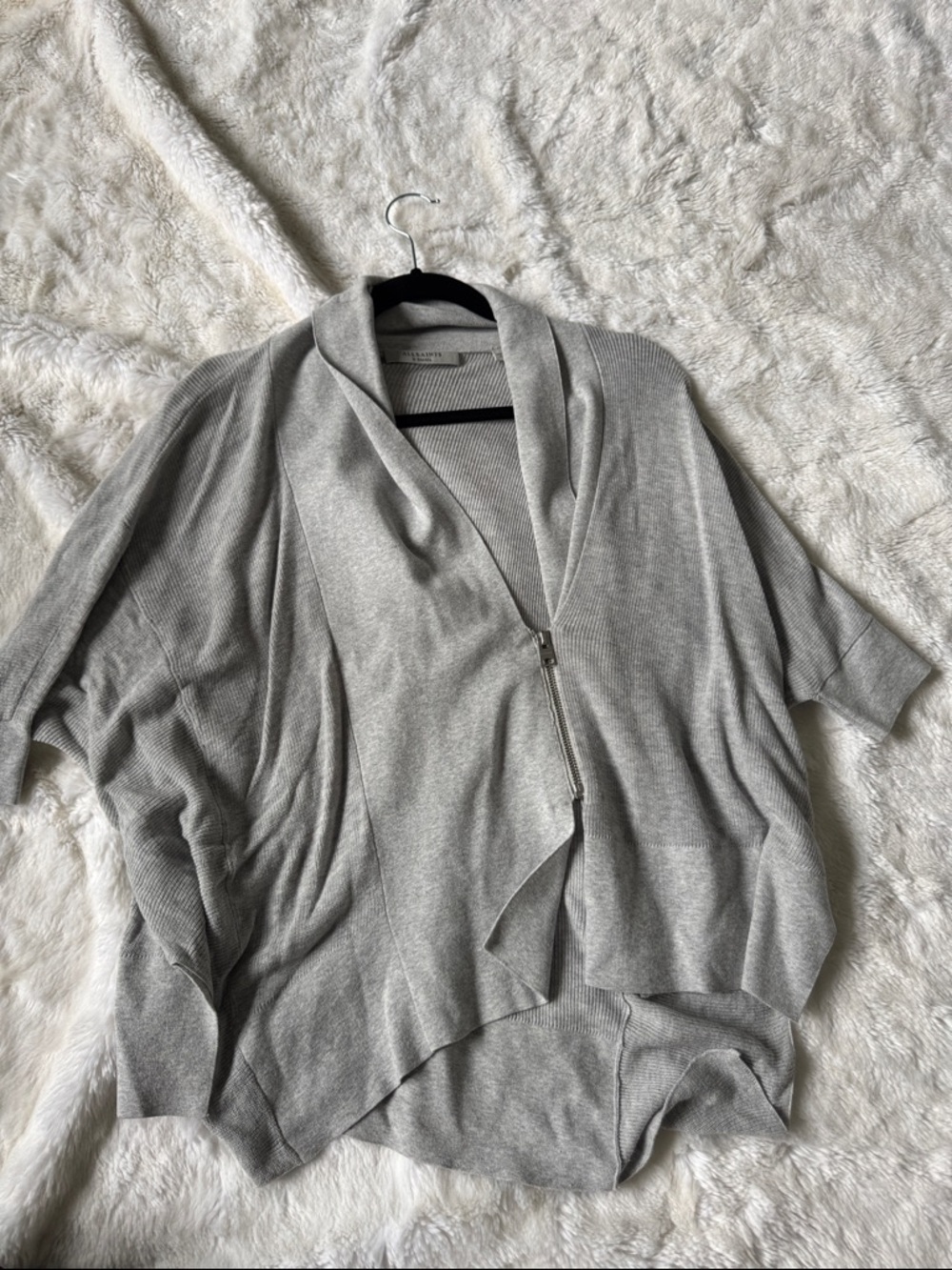 All Saints Light Gray Asymmetrical Zip Draped Cardigan